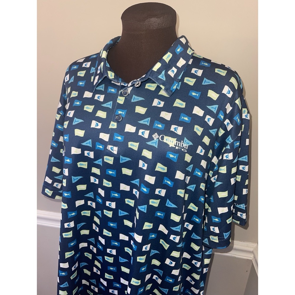 Columbia PFG Nautical Polo Shirt Mens‎ XL Fish Blue